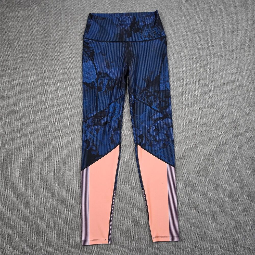 WITH Wear It To Heart Womens M High Waist Floral Stripe Leggings Blue Peach Gym